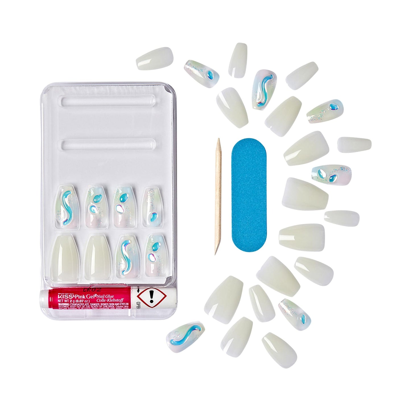 KISS Gel Fantasy Allure Press On Nails, Ready to Wear, 3D Design, Waterproof, Pink Gel Nail Glue 0.07 Oz. (2g), Manicure Stick & Mini File, 28 Count