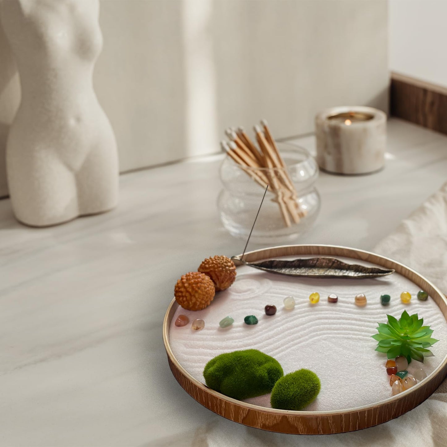 Threeheng Japanese Zen Garden Kit for Desk, Bamboo Sand Garden Meditation Therapy Tray Gift Set, Mini Zen Décor Office Desktop Accessories - 2 Textured Spheres, Incense with Holder