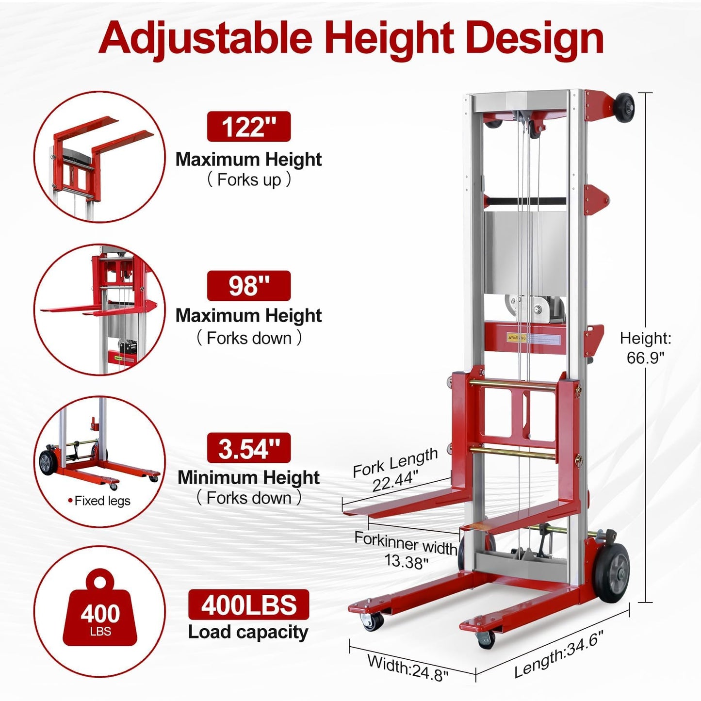 ELOMBR 122" Material Lift Winch Stacker, 400 lbs Capacity Manual Material Lifts, Fixed Straddle Material Lifter, Hand Winch Lift Trucks for Warehouse, Factory, Lightweight, 34.60" L x 24.80" W, Red