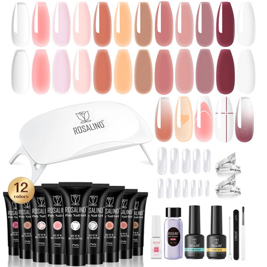 ROSALIND Pink Poly Nail Gel Kit -12 Colors + Nail Art Accessories Kit Nude Shades Poly Nails Gel Starter Kit with Slip Solution All Seasons Classic Colors Nails Extensions Set with Mini UV Lamp