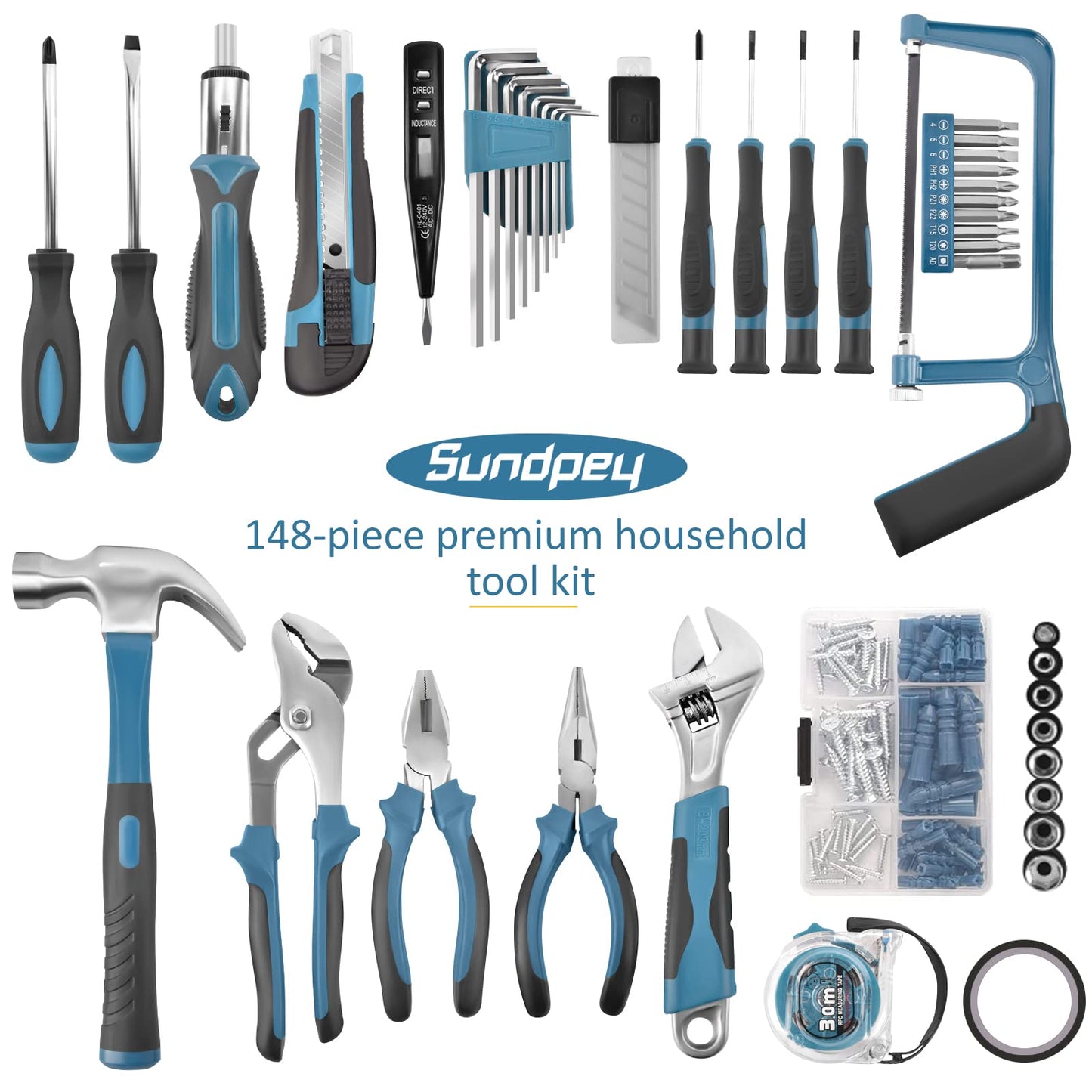 Sundpey Home Tool Kit 148-Pcs - Household Basic portable Hand Repair Tool Set with Case & Ratcheting Screwdriver & Hex Key & Pliers & Wrench & Voltage Tester & Water Pump Plier for Men Women