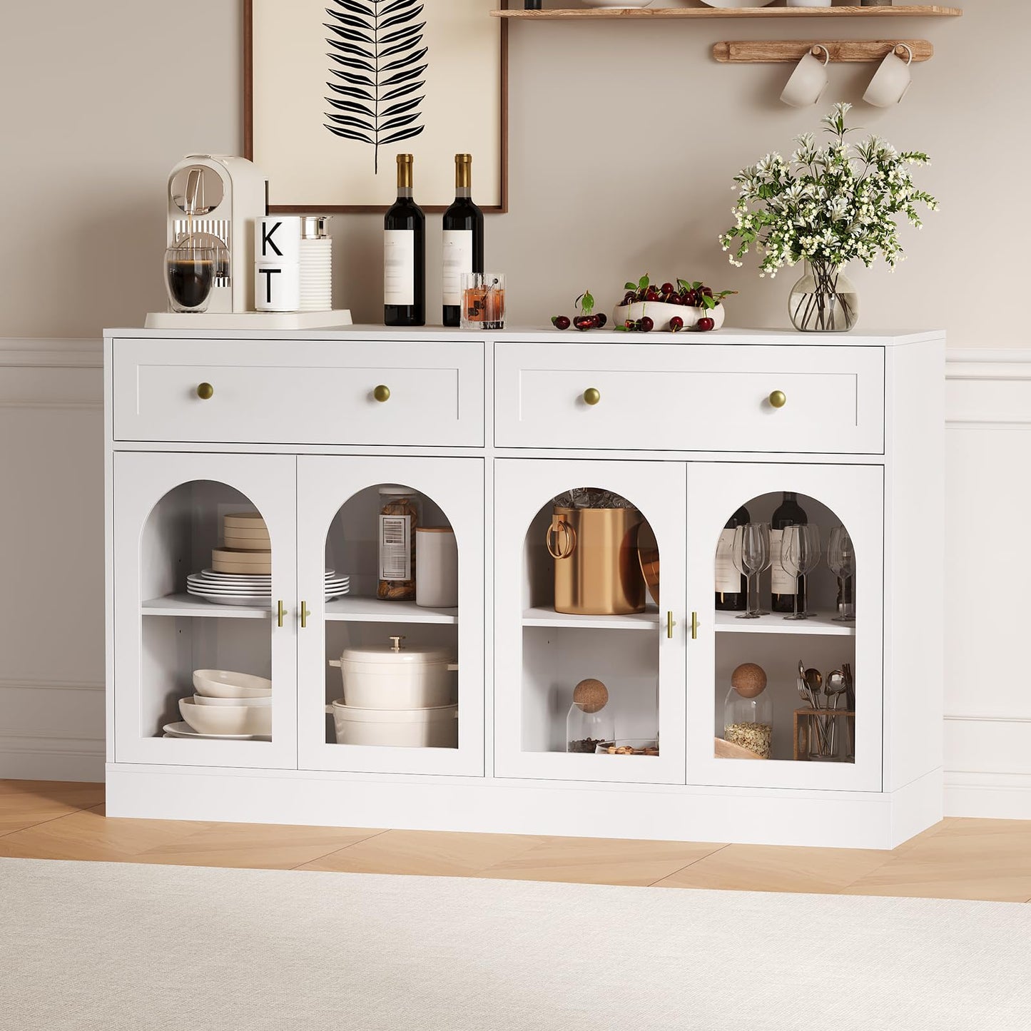 55" Farmhouse Sideboard Buffet Cabinet with Storage, Large Glass Display Cabinet Console Coffee Bar Buffet Table with 2 Drawers & Acrylic Doors for Kitchen, Dining Room, Living Room, White