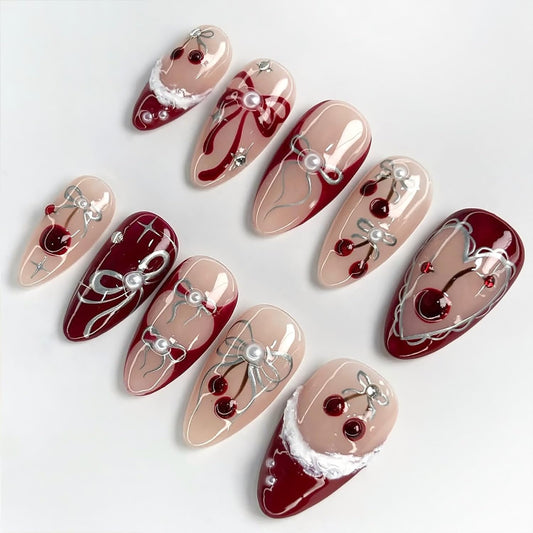 30Pcs Cherry Press on Nails Medium Almond Fake Nails Red French Tip False Nails with 3D Cherry Pearl Gems Design Silvering Bow Star Glue on Nails Full Cover Artificial Stick on Nail for Women Manicure