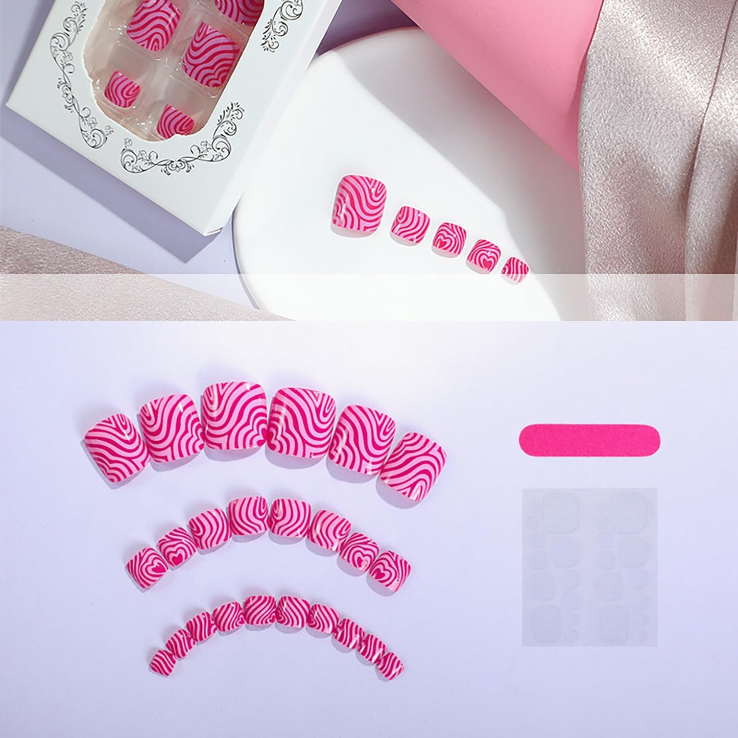FIEONCIY Press on Toenails with Designs Acrylic Fake Nails for Toe Artificial False Nails with Charms Glue on Toe Nails for Spring Summer Stick on Toenails for Women Girls(XZ9707)