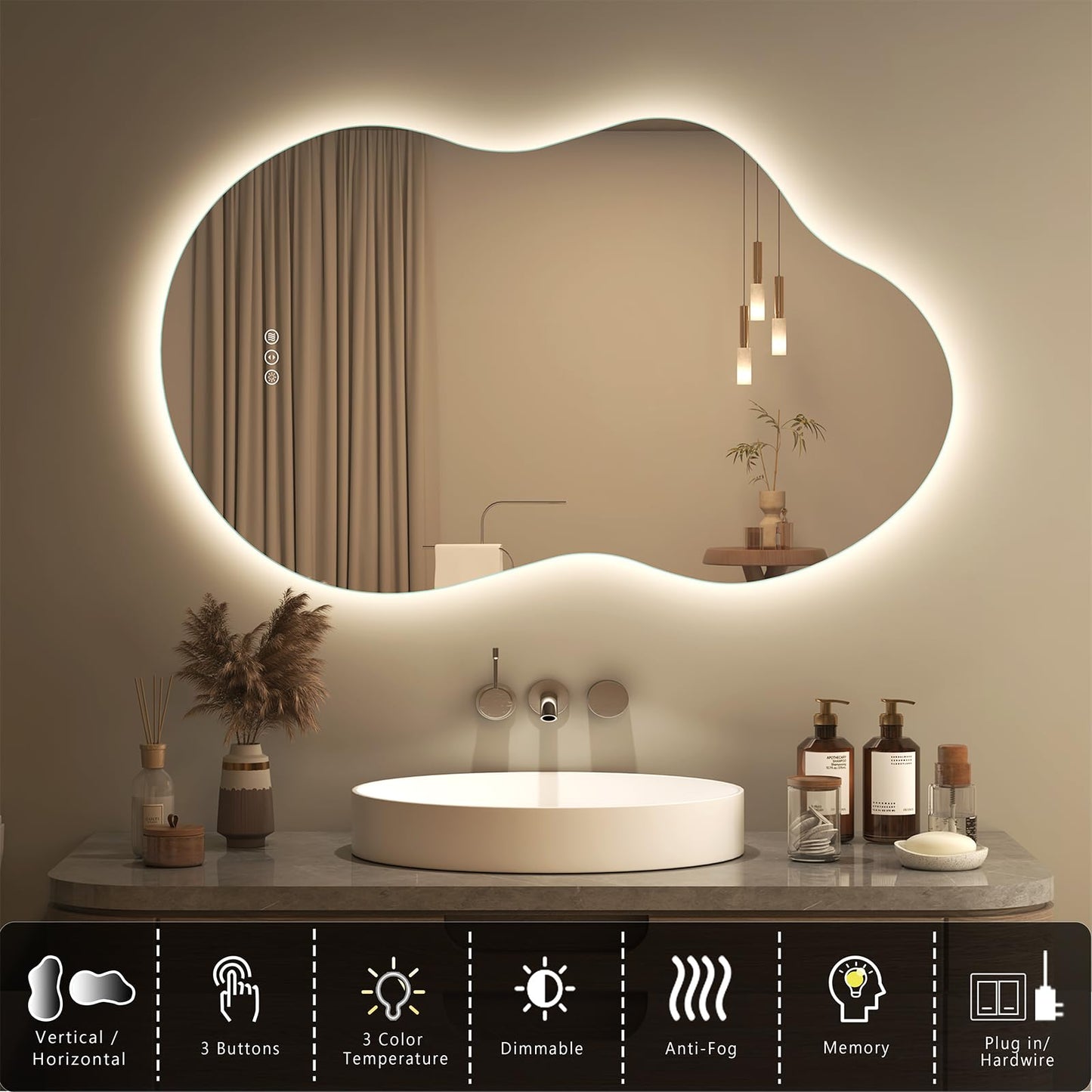SMIROR Irregular Backlit Bathroom Mirror with Lights 40 x 24, Asymmetrical Cloud Led Lighted Vanity Mirror for Wall, Anit-Fog, Dimmable, Memory Function (Horizontal/Vertical)