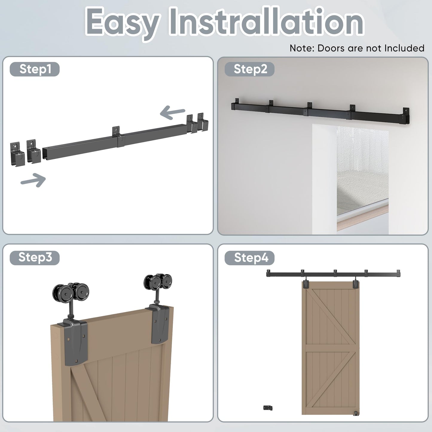 JUBEST 12FT Box Rail Exterior Barn Door Hardware Kit, Heavy Duty Sliding Door Track Kit Wall Mount Door Hardware Kit for Two Doors System(Doors Not Included), Black