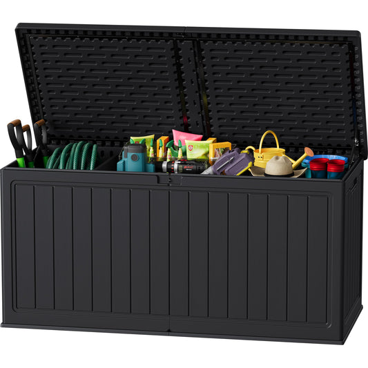 JUMMICO 270 Gallon Outdoor Storage Deck Box with Divider, Double Wall Storage Box with Lockable Lid for Garden Tools, Pools Supplies (Black)