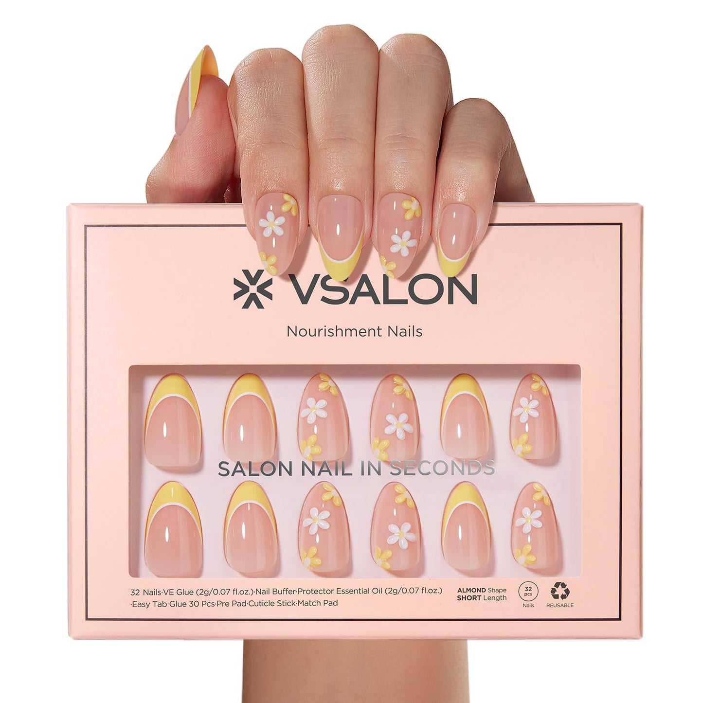 VSALON Press on Nails Short Almond - French Tip Lemon Yellow 3D Flower Design Fake Nails Kit, Floral Spring Summer Salon Gel Glue on Nails with Glue & Cuticle Oil - 32 PCS Stick on Nails in 16 Sizes