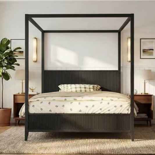 Merax Modern Luxury Queen Size Wooden Canopy Bed Frame with Headboard, Slats Support, Wood 4 Poster Bed Frame, No Box Spring Needed, Contemporary Bedroom Furniture, Black