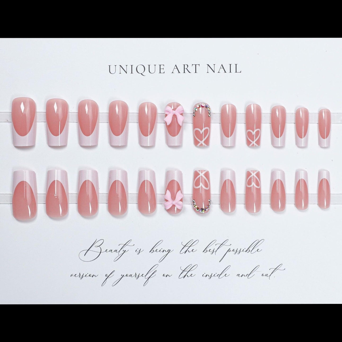 Press on Nails Medium Coffin - Pink Fake Nails with Bow Heart Design - White French Tip False Nails Press ons - for Women 24 Pcs