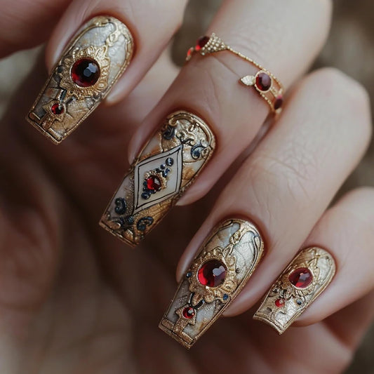 CJDLTS Press on Nails Medium Ballet Shaped Red Rhinestones Golden Totem Pattern Design Acrylic False Nail Full Cover Glossy Artificial Fingernails 24Pcs Reusable Glue on Nails for Women