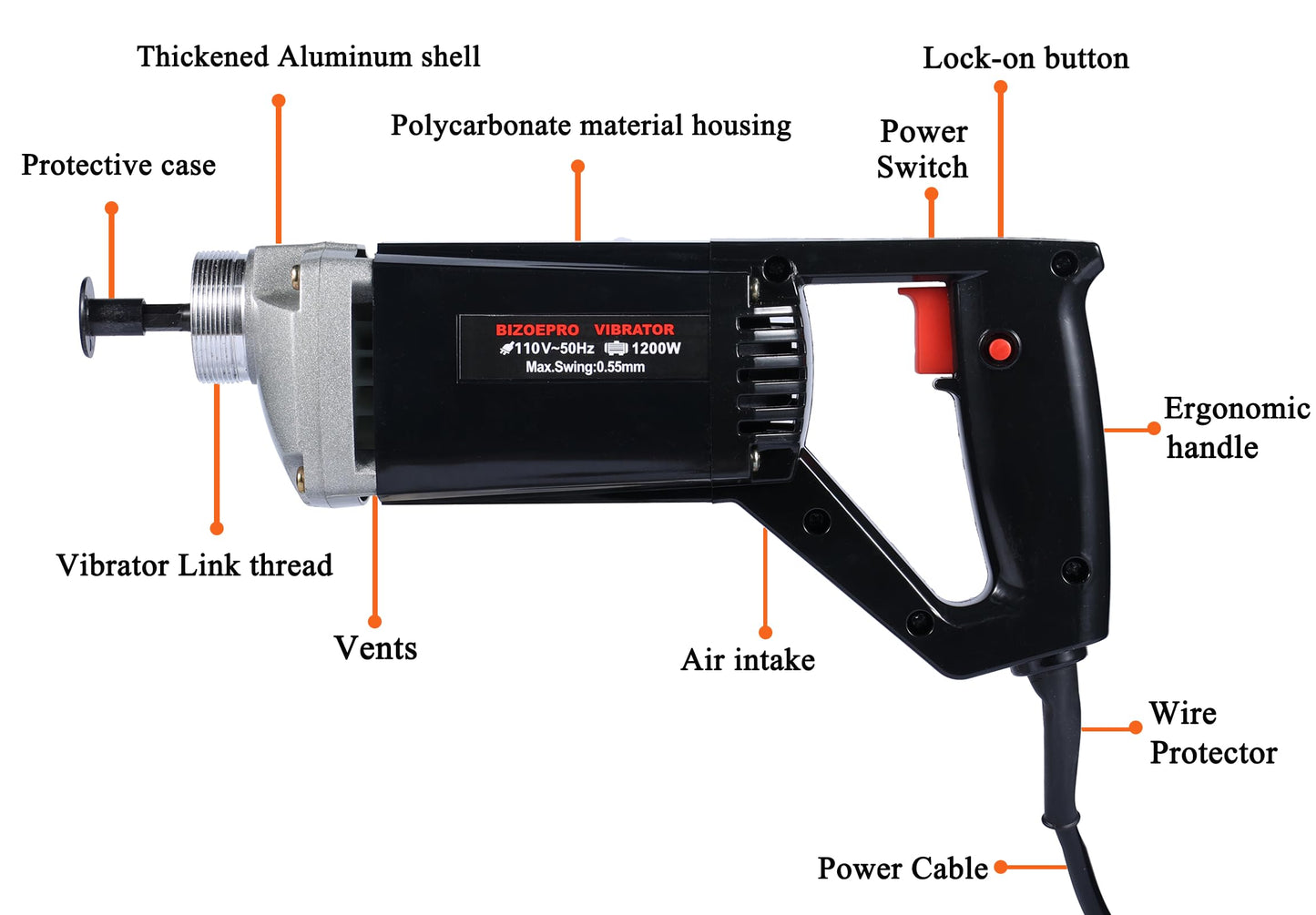 BIZOEPRO Hand Held Power Concrete Vibrator 1200W 15000RPM 2HP With 8.2 ft 2.5M Shaft Rod Electric Concrete Vibrabrater Portable Construction Pencil Vibrator