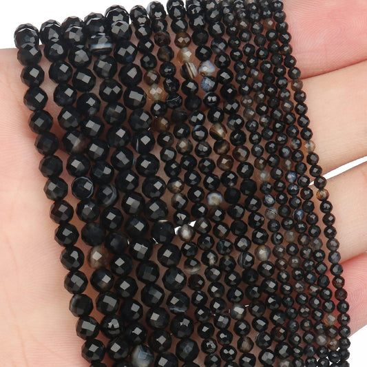 Song Xi 120pcs 3mm Natural Black Striped Agate Gemstone Beads Faceted Round Loose Stone Beads for Jewelry Making (1 Strand)
