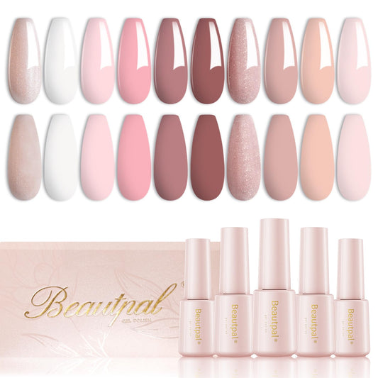 Larvall Beautpal Gel Nail Polish Set- 10 Colors Nude Gel Polish All Seasons Skin Tones Pink Neutral Shimmer Gel Polish Kit, Soak Off LED Gel Nail Kit Manicure DIY Home