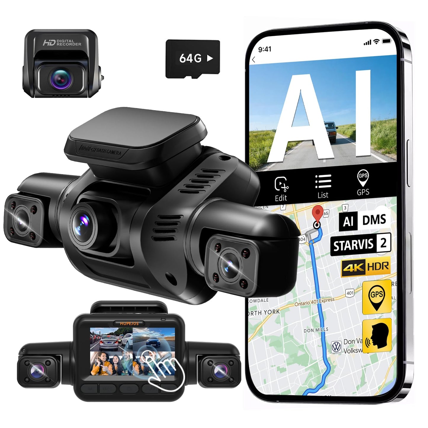 AI 4K Dash Cam Front and Rear Recording with Driver Monitoring System, STARVIS 2, 360° View 4 Channel Dashcam Free 64G Card, 5G Wi-Fi GPS, 3" Touch Screen, Night Vision, 24/7 Parking Mode, V8 MAX