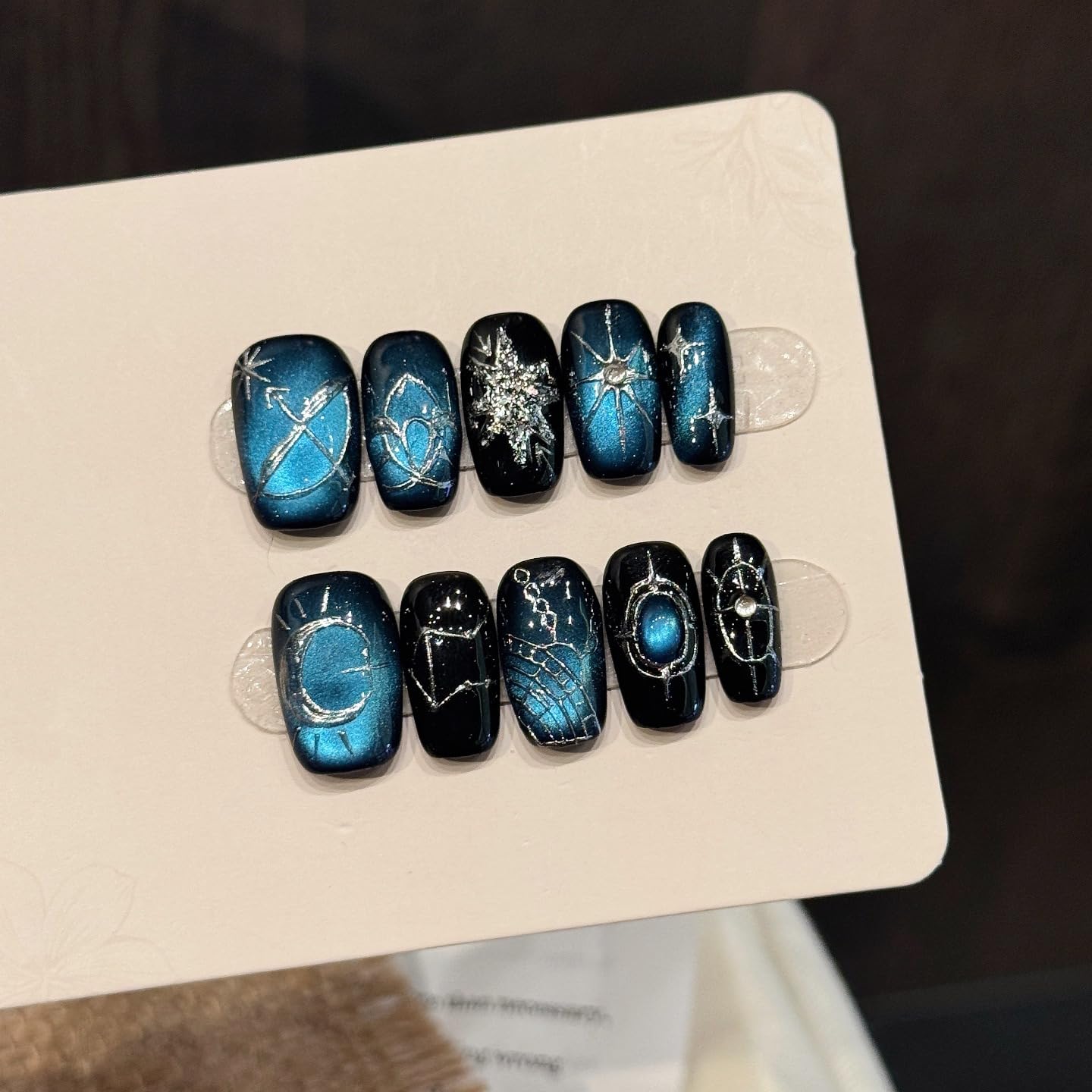 Yacey Blue Galaxy Handmade Press on Nails, Medium Square Reusable False Nails Press Ons, Luxury Hand-Painted Cat Eyes Thick Acrylic Fake Nails, 3D Bling Glue on Nails for Women Girls (10 Pcs, S)
