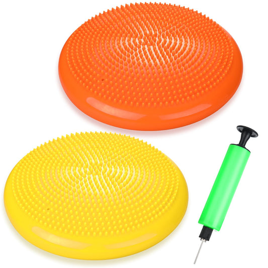 Silipull 2 Pcs Wiggle Seat Inflated Wobble Cushion Flexible Balance Disc with Air Pump for Core Stability Strengthening Improving Posture Physical Exercise(Orange and Yellow)