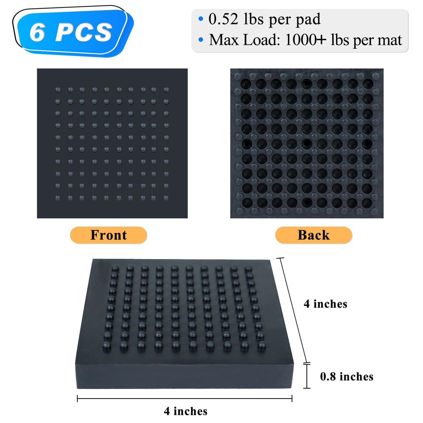 BXI Exercise Equipment Mat Heavy Duty - 4 x 4 x 0.8 Inches 6 Pcs Non Slip Noise Reduction Anti Vibration Treadmill Stationary Bike Mats, Thick Steel Embedded Rubber Pad for Hardwood Floors & Carpet