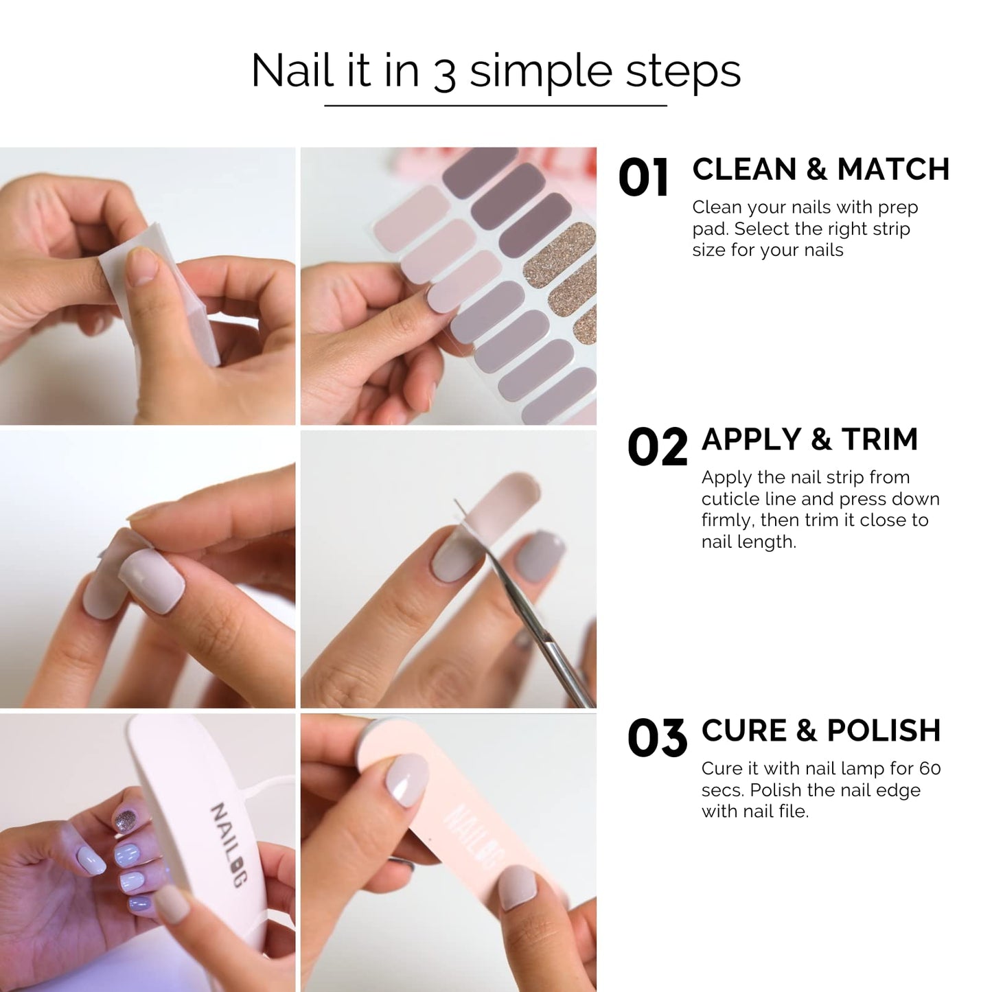 Nailog Semi Cured Gel Nail Strips 34 pcs | Long Lasting Nail Polish Sticker Wraps with Glossy Gel Finish | Daisy