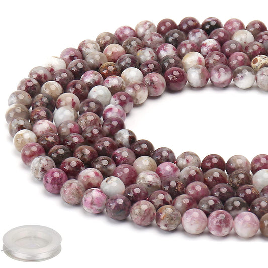 70PCS Natural 8MM Healing Gemstone, Plum Blossom Tourmaline Energy Stone Round Loose Beads, Semi-Precious Crystal Beads with Free Elastic String for Jewelry Making DIY