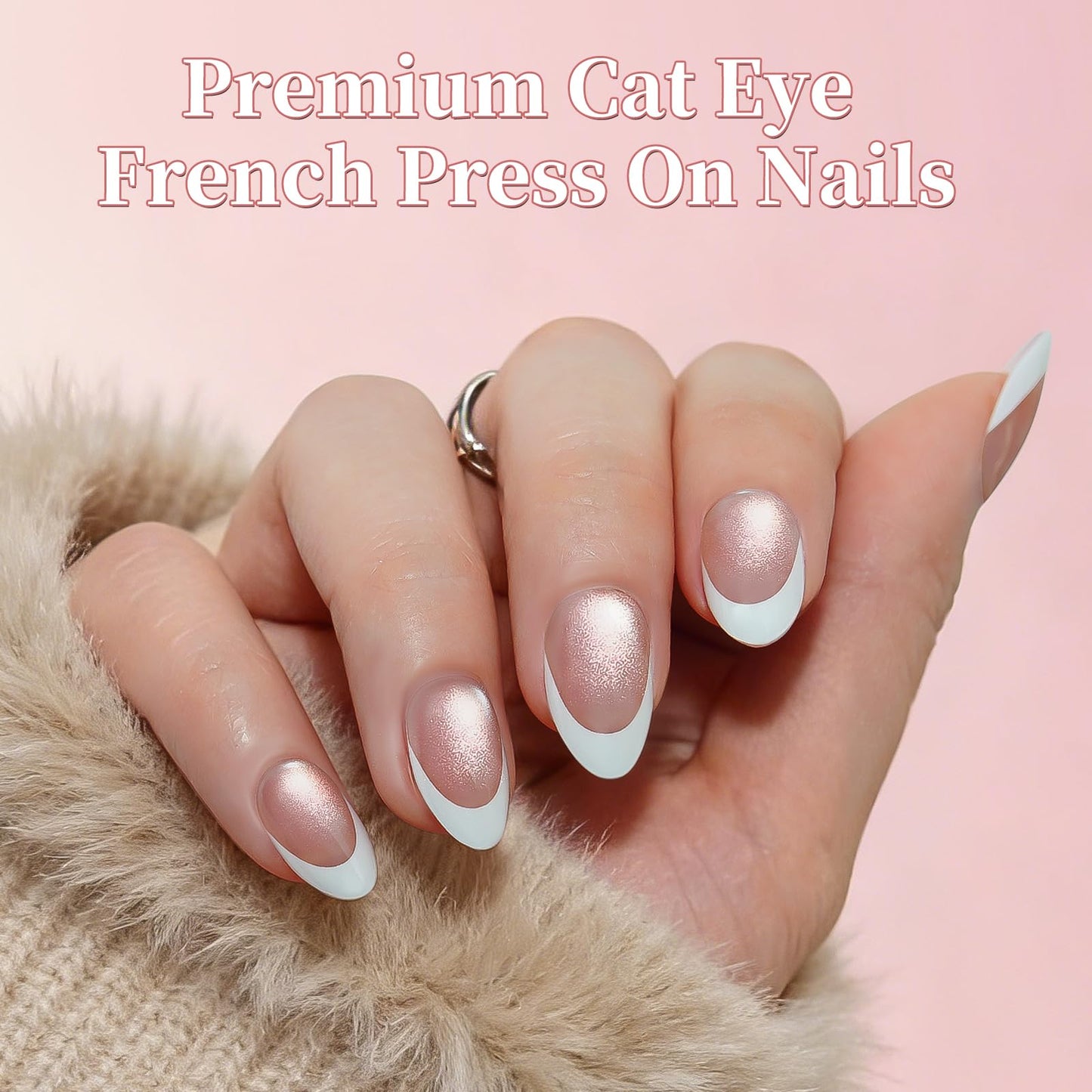 GAWRJ Brown Cat Eye French Press on Nails, Short Almond Shape, White French Tip Glue on Nails, 32 Pieces in 16 Sizes, with Glue Tabs and Nail Tools