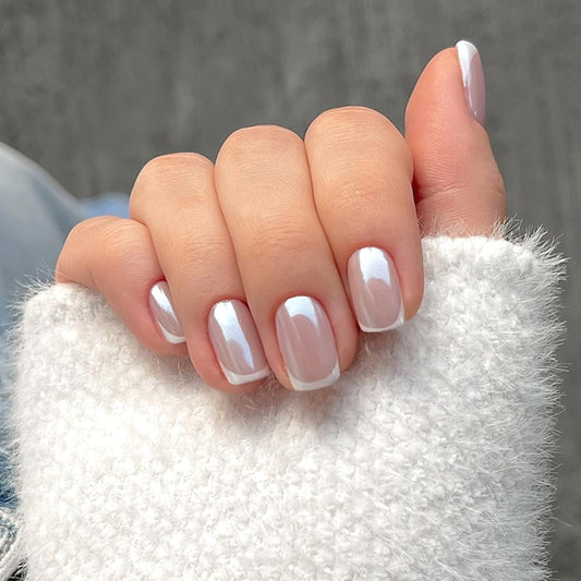 24Pcs White French Tips Press on Nails Nude Short Square Glossy Acrylic Solid Color Fake Nails Cute Stick on Fingernails French Press on False Nails Gel Glue on Nail for Women Manicure Daily Wear