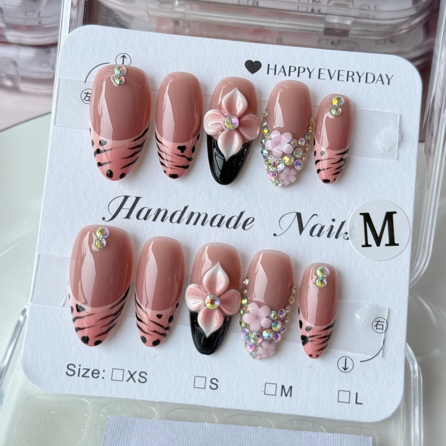 Haozerart Luxury Handmade Press On Nails Medium Almond Pink Zebra Print French Tip Fake Nails With 3D Rhinestones & Flowers Reusable Nails Kit For Women 10Pcs M Size