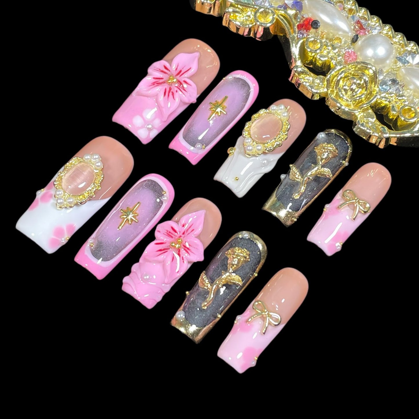 Handmade Press on Nails 3D Floral - Pink Nude Vintage Gold Rose & Pearl Design, Medium Long Square False Nails Reusable Acrylic Fake Nails (Mist Pink, M)