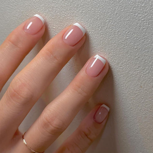 24Pcs White French Tip Press on Nails Short Square Fake Nails Glossy Design Full Cover Nude Pink Glue on Nails French Tip Acrylic False Nails Reusable Stick on Nails for Women DIY Daily Manicure Decor