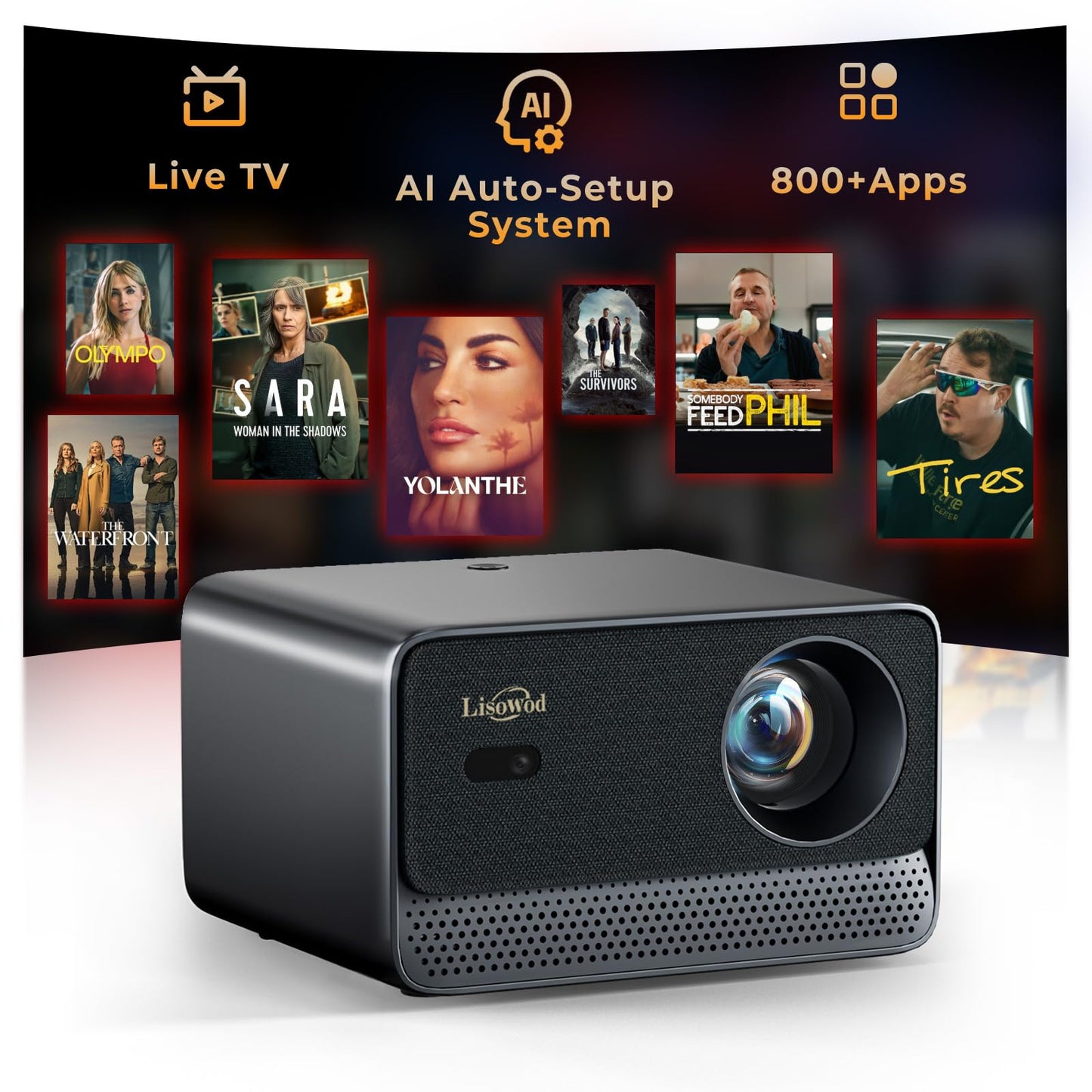 Projector with WiFi and Bluetooth: [1800 ANSI/Ai Auto Focus/800+ Apps/Compatible with Netflix] Outdoor-Projector 4K Support 1080P Smart Live TV Movie Lisowod L03Pro Projector for Home Theater