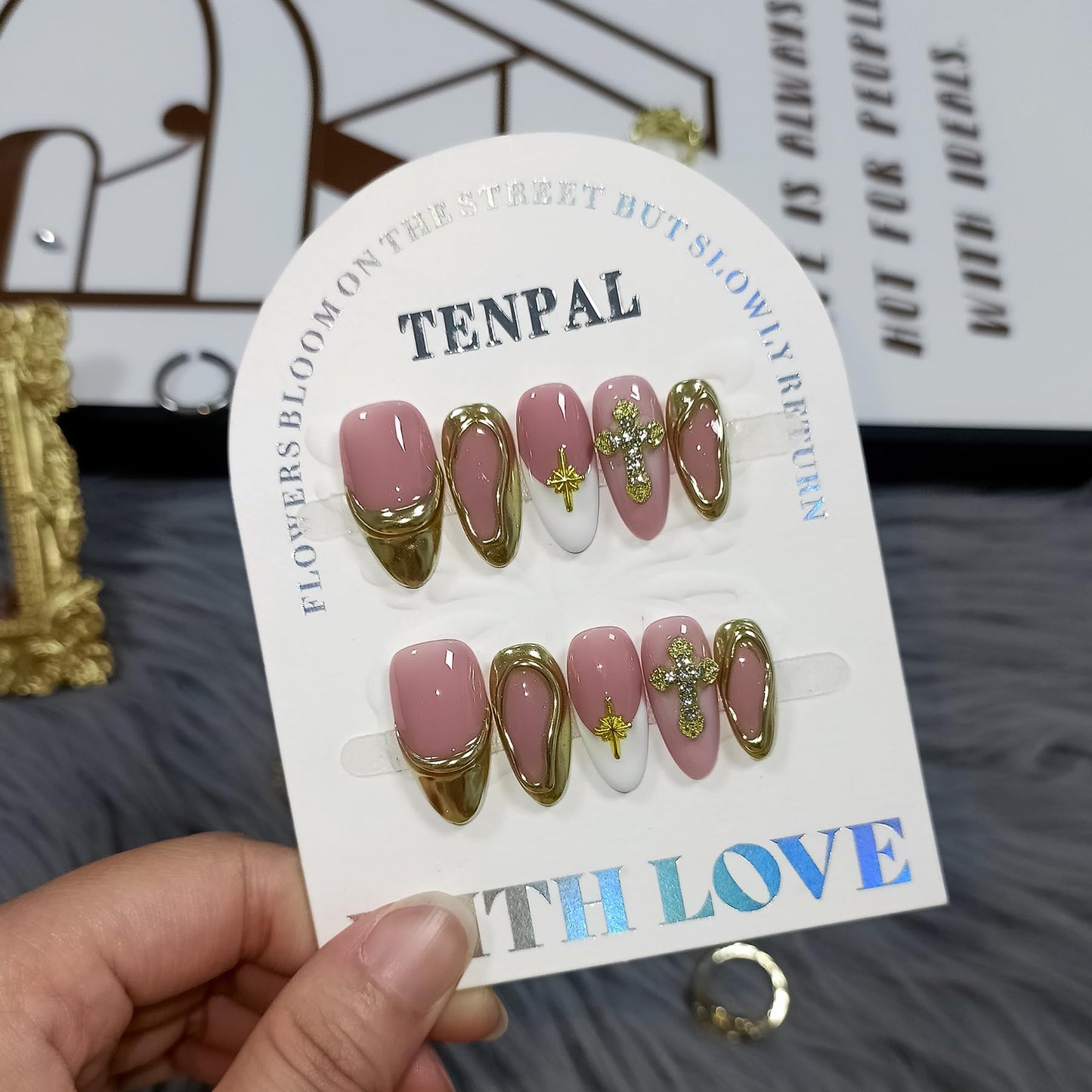 TENPAL 10Pcs Handmade Press On Nails Almond With Tools,Acrylic Icy Platinum French Tips Fake Nails with 3D Metal Cross,Glossy Y2K Blush Glitter Edgy Sweet Glue on Nails for Women,Gold French Nails(M)