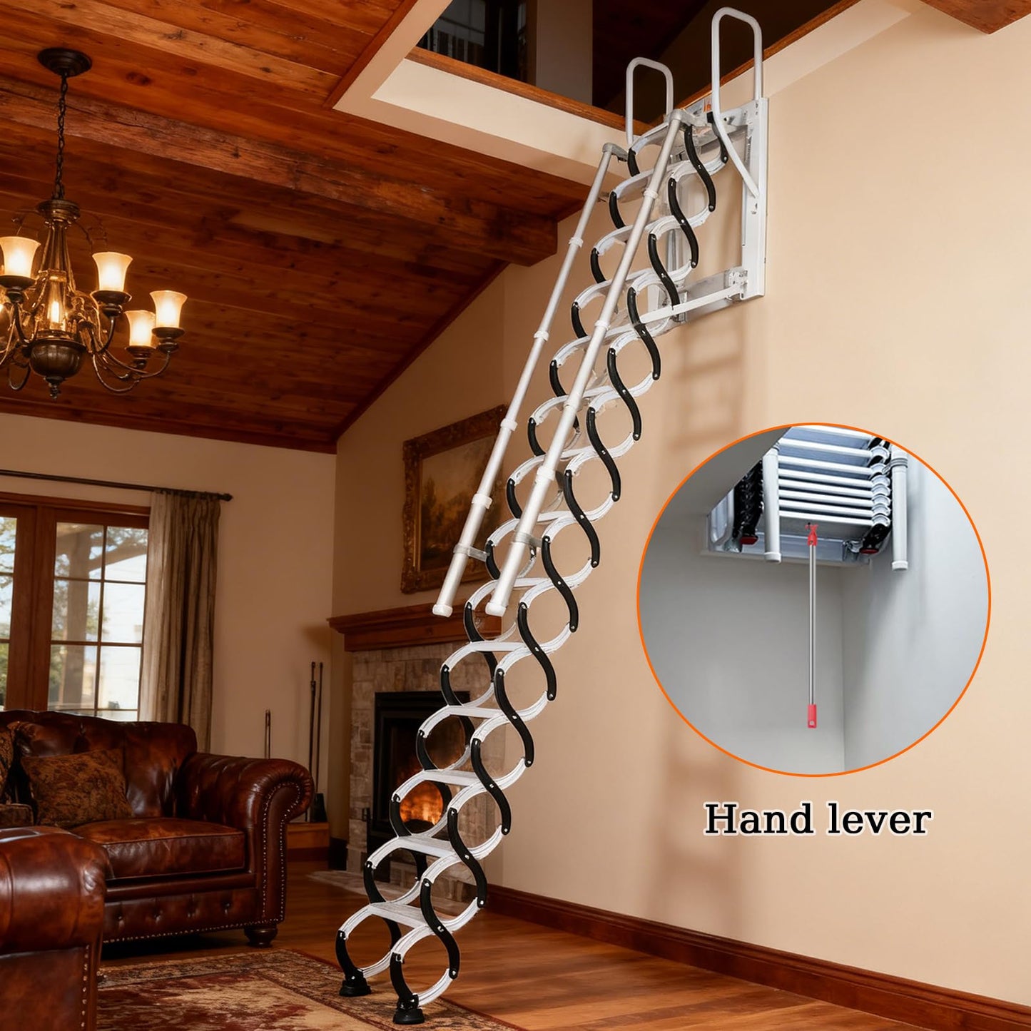 10FT Wall Mounted Retractable Attic Ladder, Folding Loft Stairs with 2 Handrails & Pull-Down System, Extra Wider Attic Stairs for Indoor, for Indoor, Garage, Basement, Storehouse, 660lb (12 Steps)