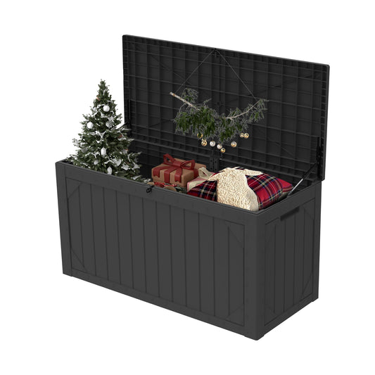 Outdoor Storage Deck Box Waterproof, 100 Gallon Large Lockable Patio Storage Bin Chest, Resin Outside Container Seat Bench for Furniture Cushions, Pool Accessories, Garden Tools & Delivery, Black