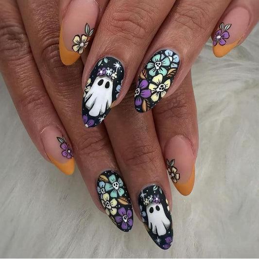 Halloween Flower Skull Press on Nails Medium Oval Ghost Colorful Skull Floral Pattern Design Halloween Nail Full Cover Artificial Acrylic False Nail Orange French Festival Stick on Nails for Women