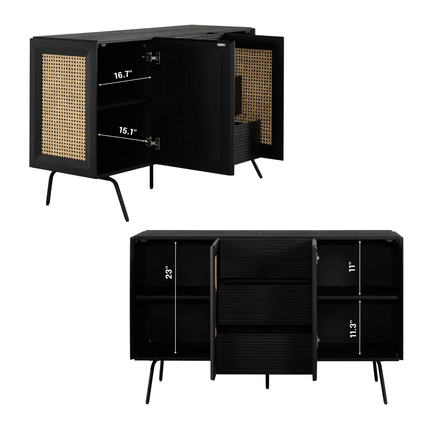 NTC MOSSIC Sideboard with 2 Doors and 3 Drawers, Buffet Cabinet with Natural Rattan and Metal Legs, Modern Storage Cabinet for Living Room, and Hallway, Effortless Assembly - Burnt Black
