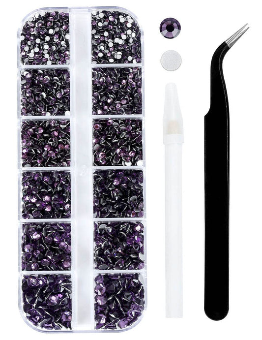 Meibite Purple Glass Flatback Rhinestones for Nails, Crafts & Clothes – 4240PCS 6 Sizes (SS6–SS20) Crystal Gems Kit with Tweezers & Picker, Non Hotfix DIY Rhinestones for Tumblers, Shoes, Nail Art