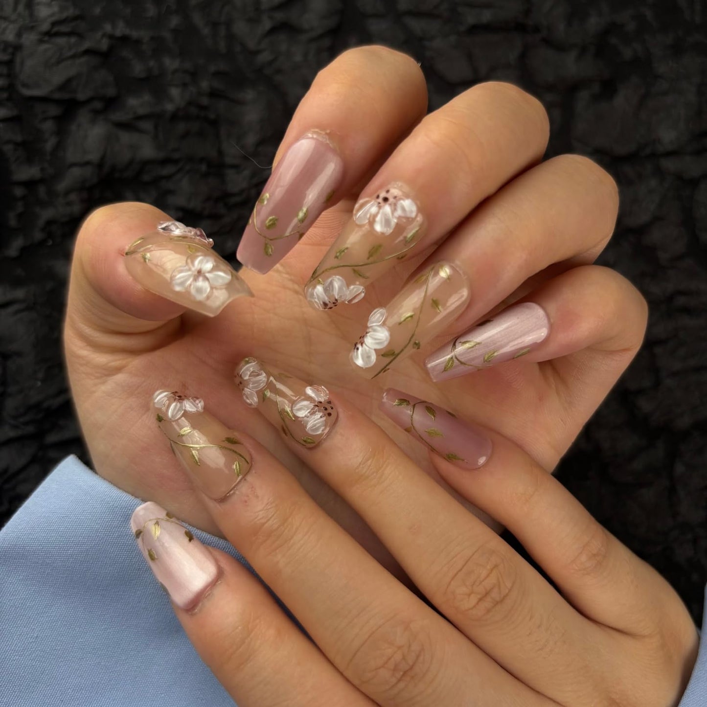 AKA Unicorn Trendy Handmade Press On Nails Medium Coffin Shape,10Pcs Hand Painted Acrylic Fake Nails with 3D Flower Charm Design Clip On Nail for Woman Gift-Design Concept:"Today's Flowers"