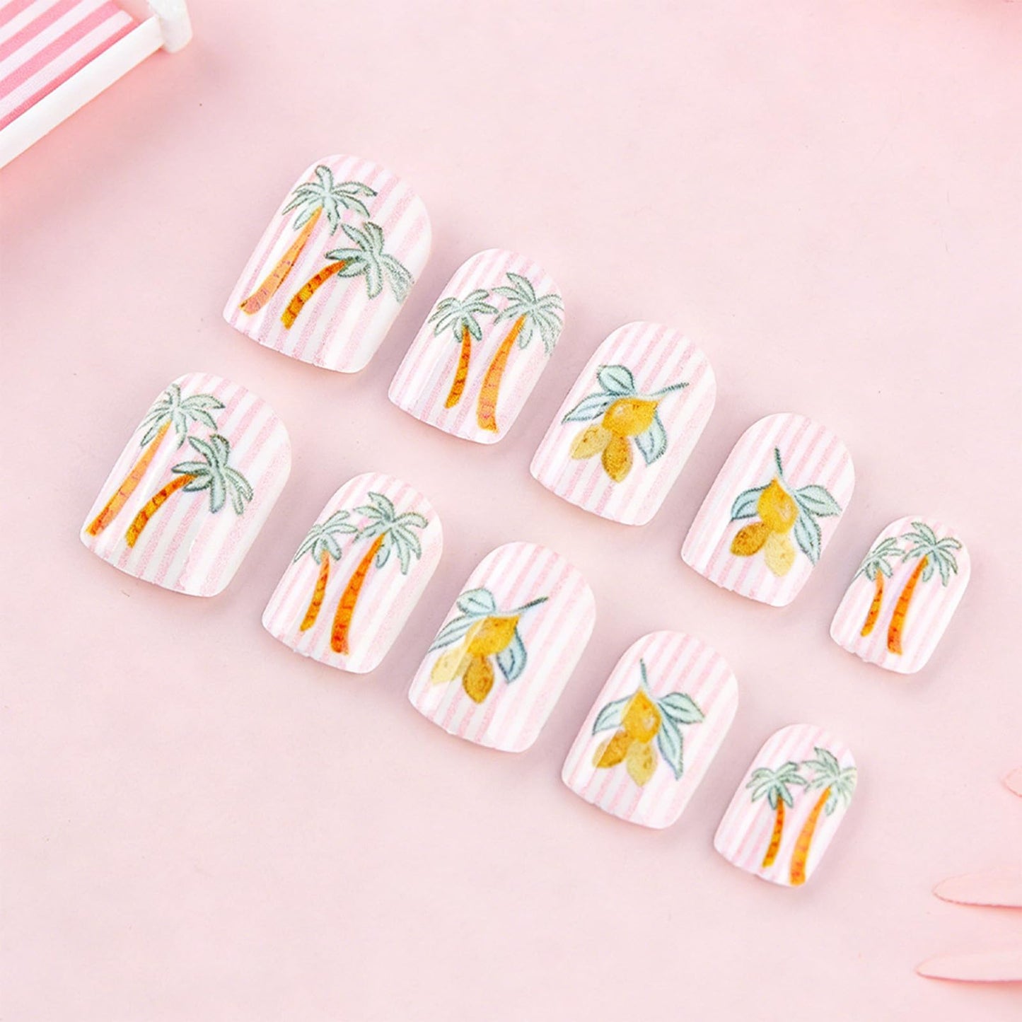 Palm Tree Short Square Press on Nails with Tropical Design Glossy Pink Strip Fake Nail Fruit False Nails Summer Glue on Artificial Fingernails Lemon Full Cover Stick on Nail for Women Daily Wear