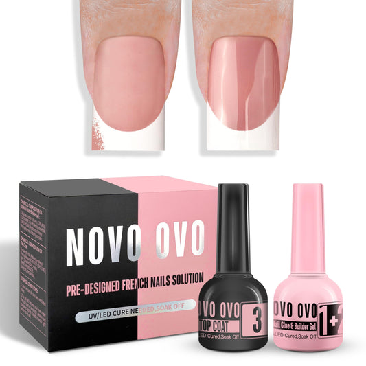 NOVO OVO French Tip Solution Kit, Including One Muti-function UV Nail Glue (also can work as Builder Gel) 10 ml, One Premium Top Coat 10ml for Pre-designed False Nail Tips Easy to Use 30 days lasting