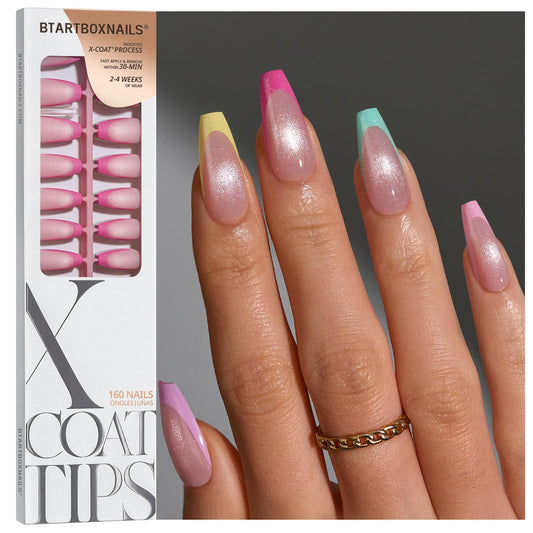 BTArtboxnails XCOATTIPS 5 Brighter Pastel French Tip Press on Nails - Medium Coffin, Cat Eye Base, 4-Week Wear, Easy-to-Apply, Soak Off, Salon Quality Value at Home, 16 Size - 160 Fake Nails