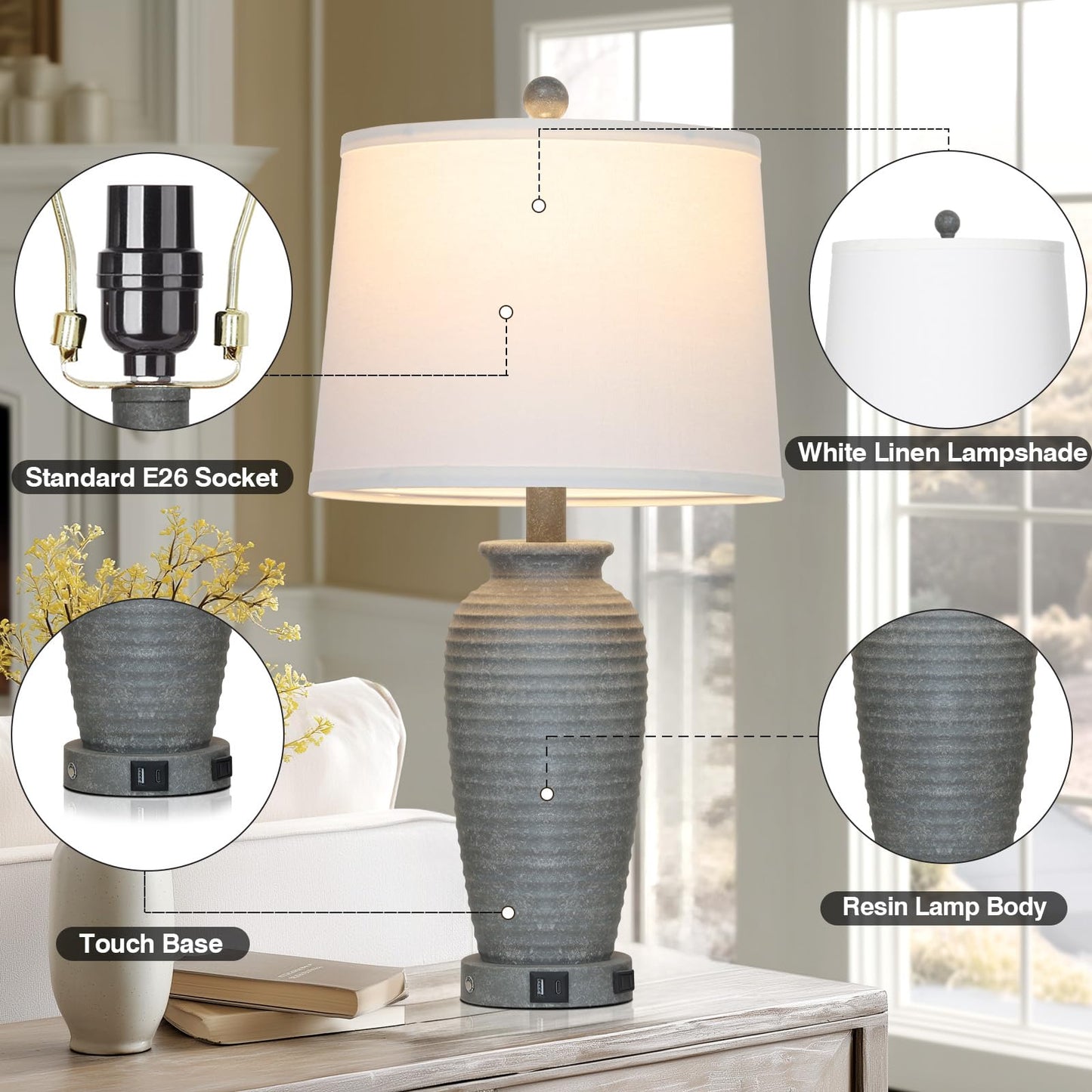 CINSARY 25" Grey Farmhouse Jar Table Lamps, 3 Way Touch Control Rustic Bedside Lamps with USB A+C Ports & AC Outlet, Pot Nightstand Lamps for Bedroom End Table (LED Bulbs Included)