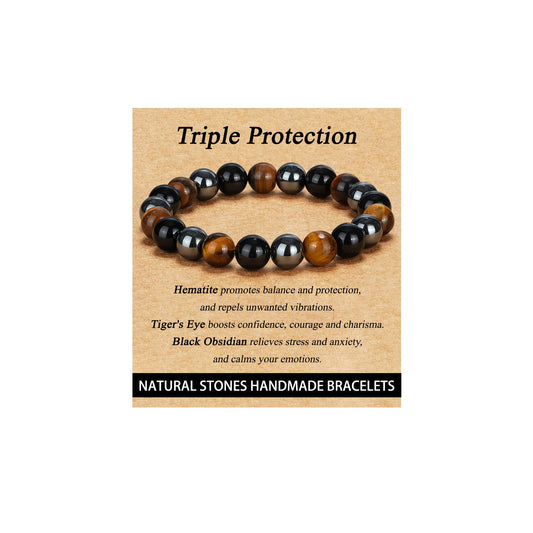 HEYOLL Hematite Bracelet Men Natural Stones Handmade Black Obsidian Bracelets Hematite Tiger Eye Bracelet Mens, Anxiety Relief Items Bracelet Gifts for Husband Brithday Gifts for Men