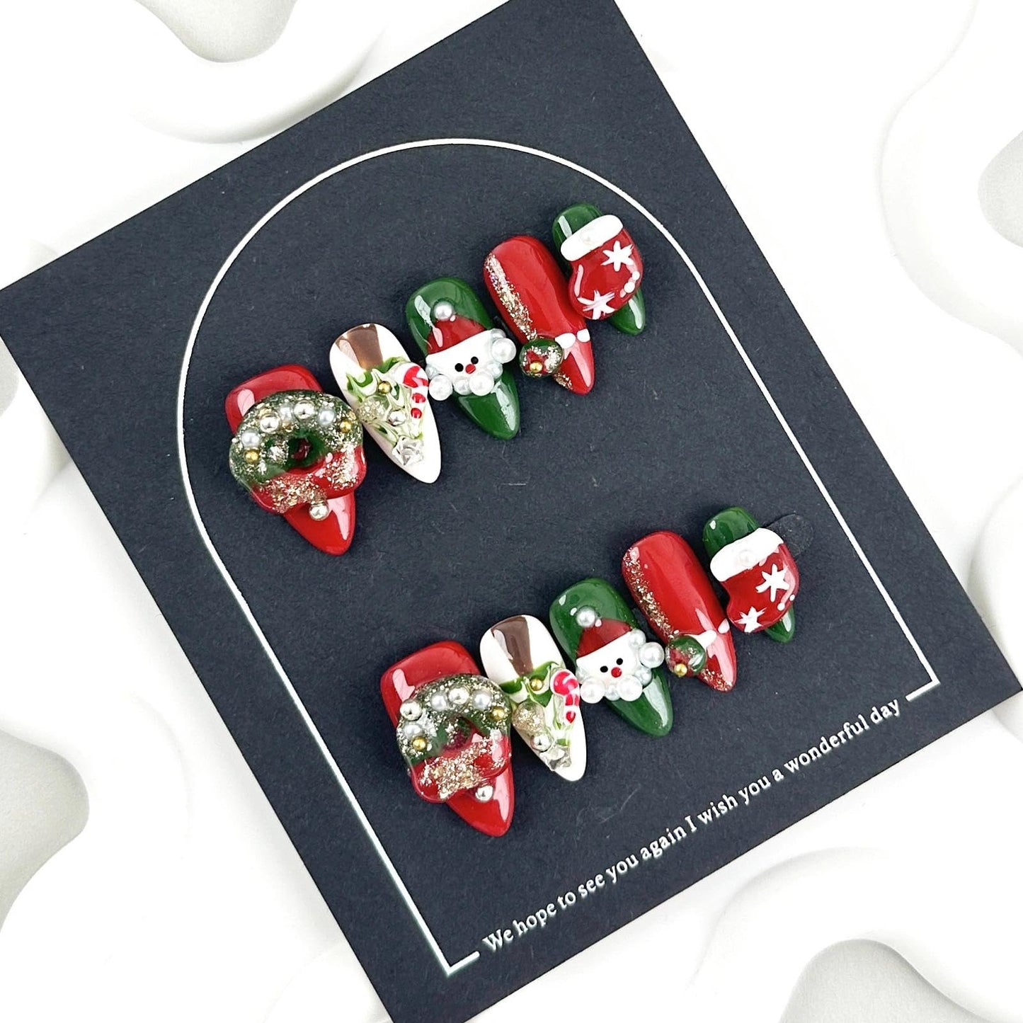 Handmade 3D Christmas Red-Green 3D Element Stiletto Press On Nails, Playful Rhinestone Festive Artisan Nails Set, Reusable Glossy Press-ons with Tool Kit (M)