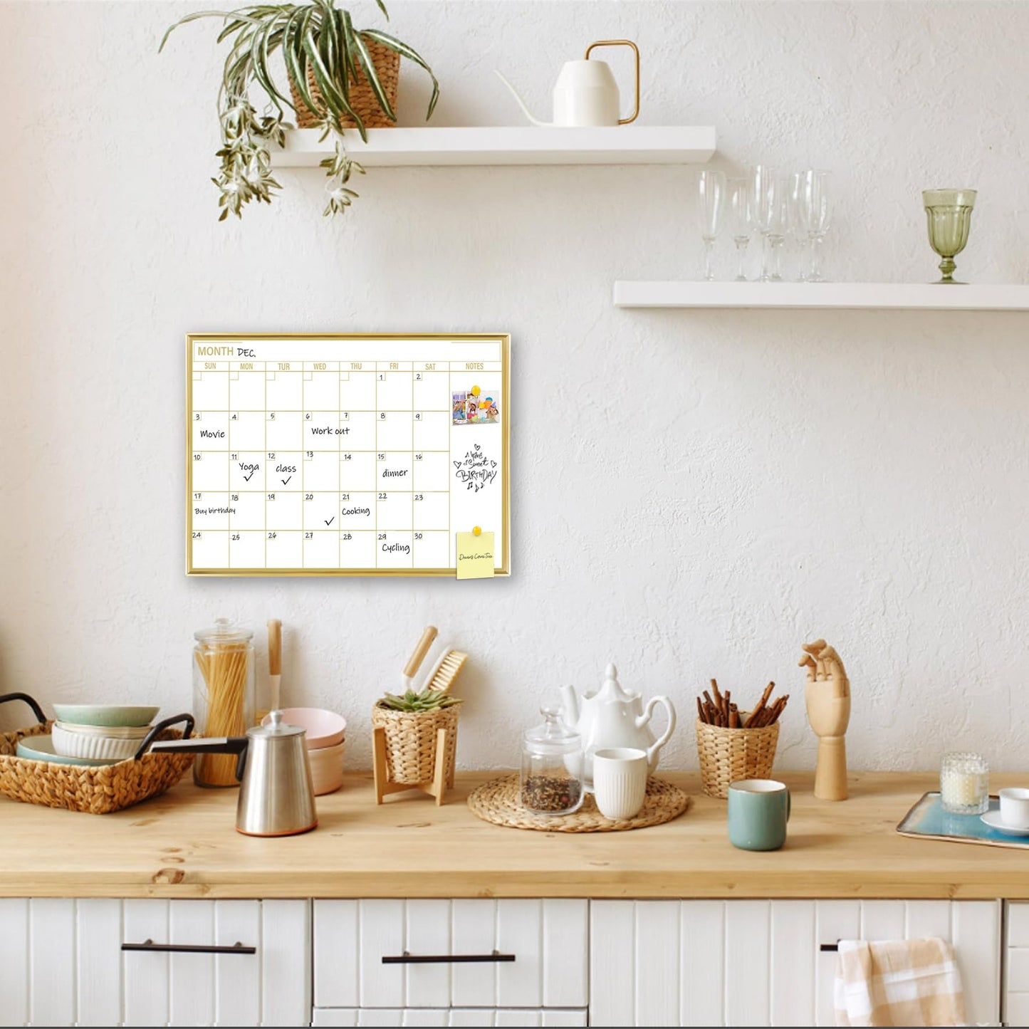 Marribol Golden Monthly Dry Erase Calendar Whiteboard for wall-16"X12" Portable Aluminum Frame,Magnetic Calendar White Board,Wall Planner Dry Erase Board for Office, Kitchen, School, Home-GG