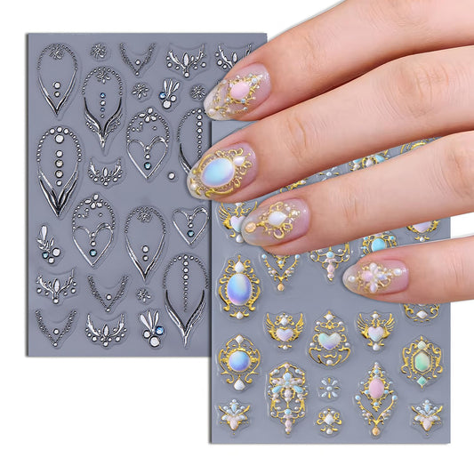 2 Sheets Bohemia Nail Stickers 5D Embosses Self-Adhesive Shine Rhinestones Nail Decals Gold Silver Heart Nail Stickers for Women DIY Manicure Decorations