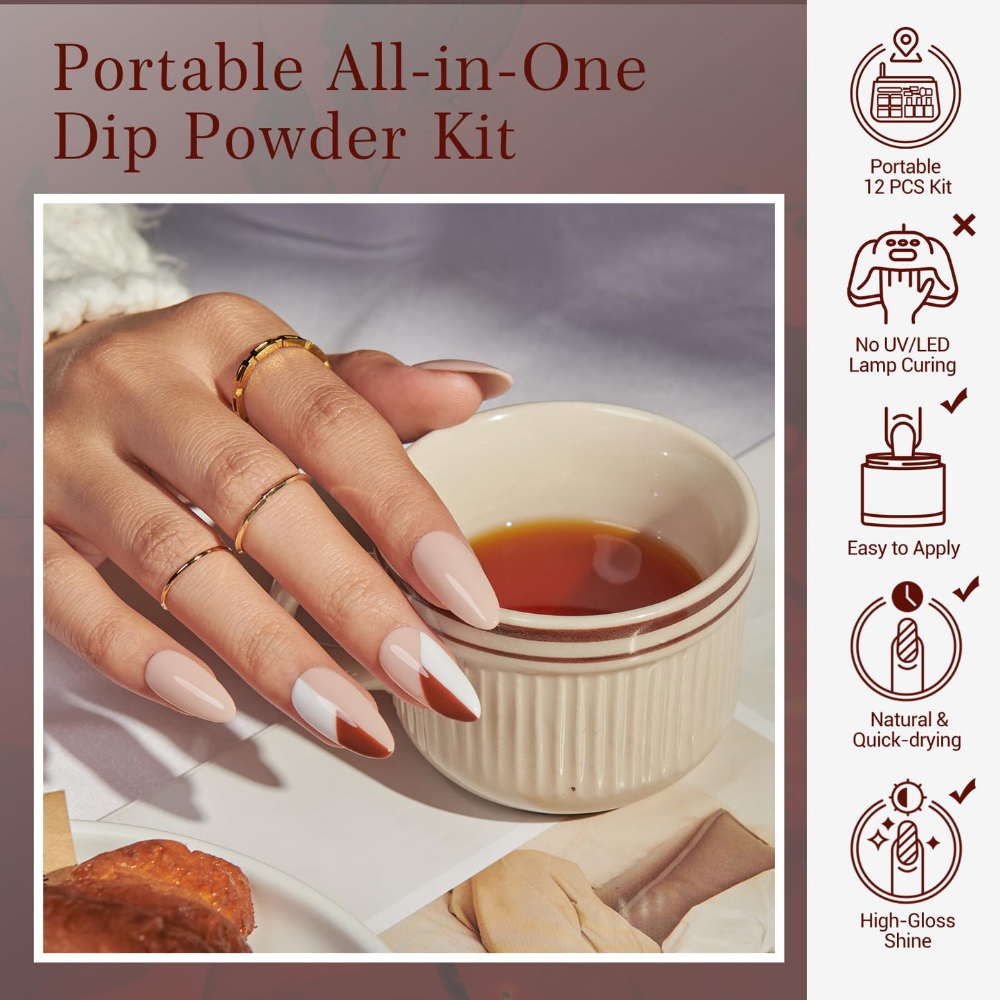 AZUREBEAUTY 30Pcs Dip Powder Nail Kit Starter, 8 Colors Fall Nude Brown Glitter Purple Nude with Nail Sticks, Nail Art Liquid Set with Matte/Base/Top Coat Activator for French Manicure Salon