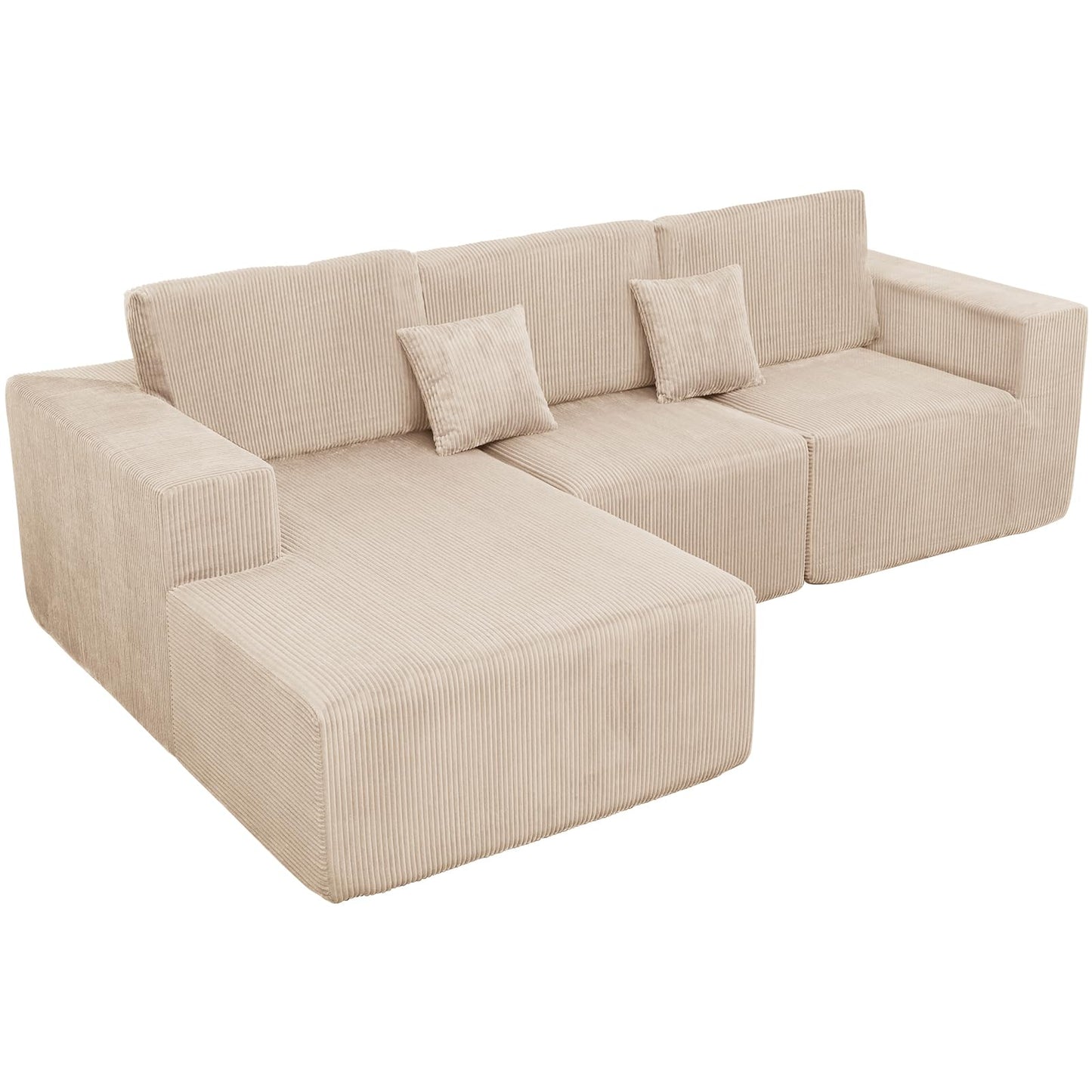 Boneless Couches for Living Room L-Shape Chaise Cloud Couch Modular Sectional 3 Pieces Deep Seat 111" Compressed Couches for Living Room Bedroom with Plush Corduroy Fabric No Assembly Required, Khaki