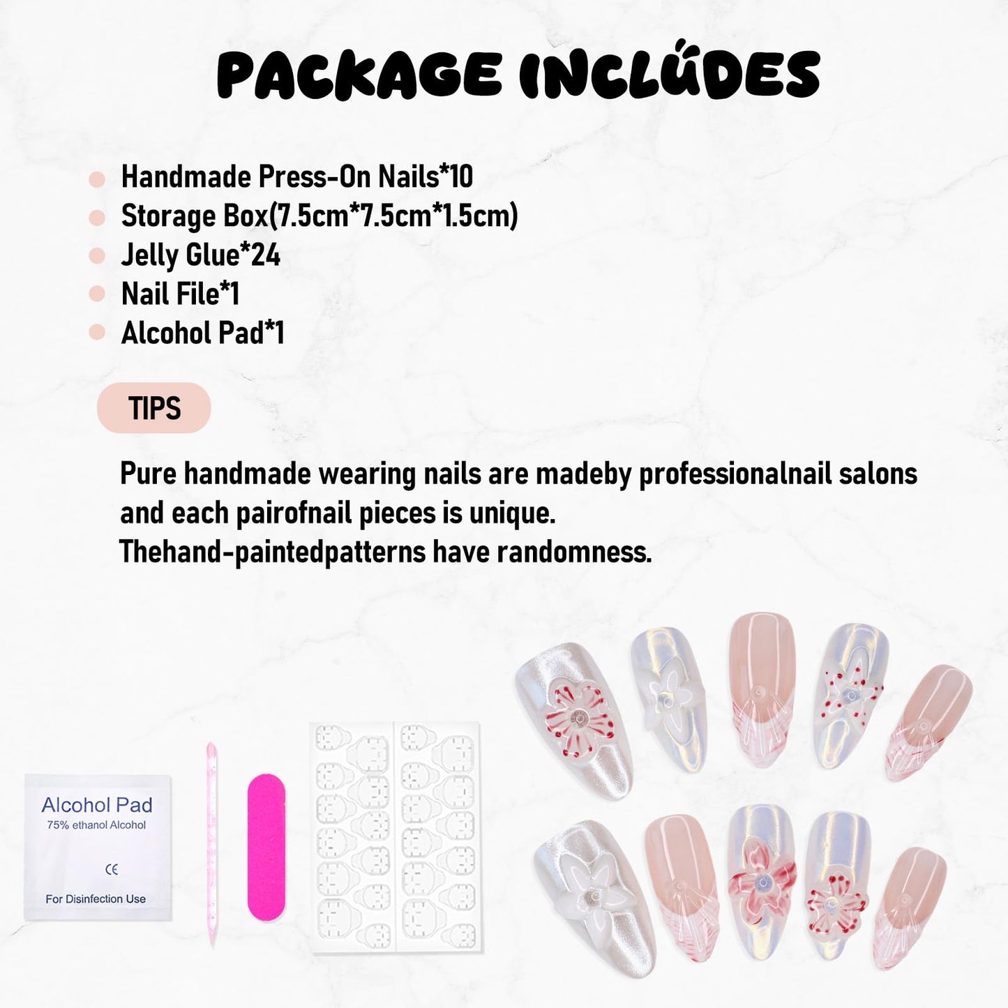 Handmade Press on Nails Luxury 3D Flower False Nails Designs Thickened Salon Quality Acrylic Nails Full Cover French Tip Fake Nails Medium Almond Stick on Nail for Women DIY Manicuare（Size S)