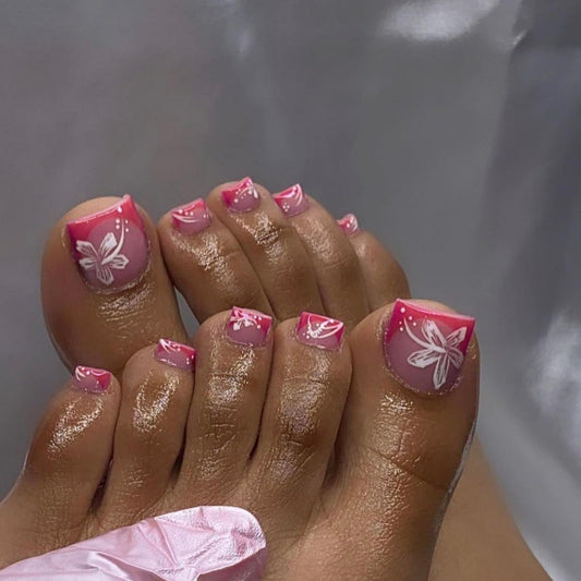 Pink French Press on Toenails Short Square Fake Toe Nails Flowers False Toenails Shiny Glossy Full Cover Acrylic Glue on Toenails Cute Toe Nails Artificial Stick on Toenails for Women 24 Pcs