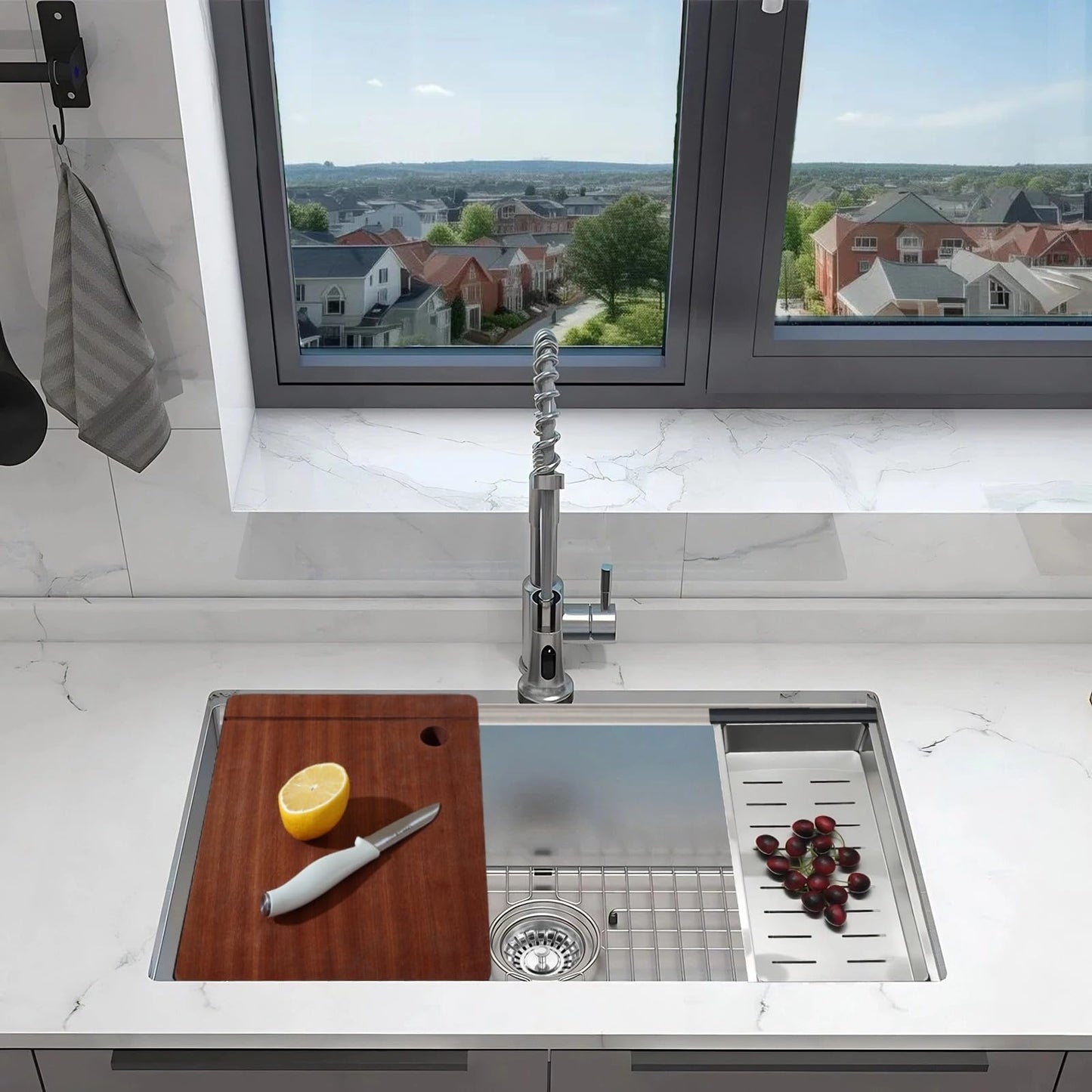 Beleeb 30" x 19" Kitchen Workstation Sink - 10" Deep Basin, 3D Embossed Undermount, Scratch Resistant Stainless Steel